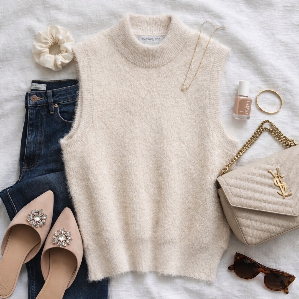 Rachel Zoe | Cream Fuzzy Mock Neck Sweater Vest | Soft Knit | Size M